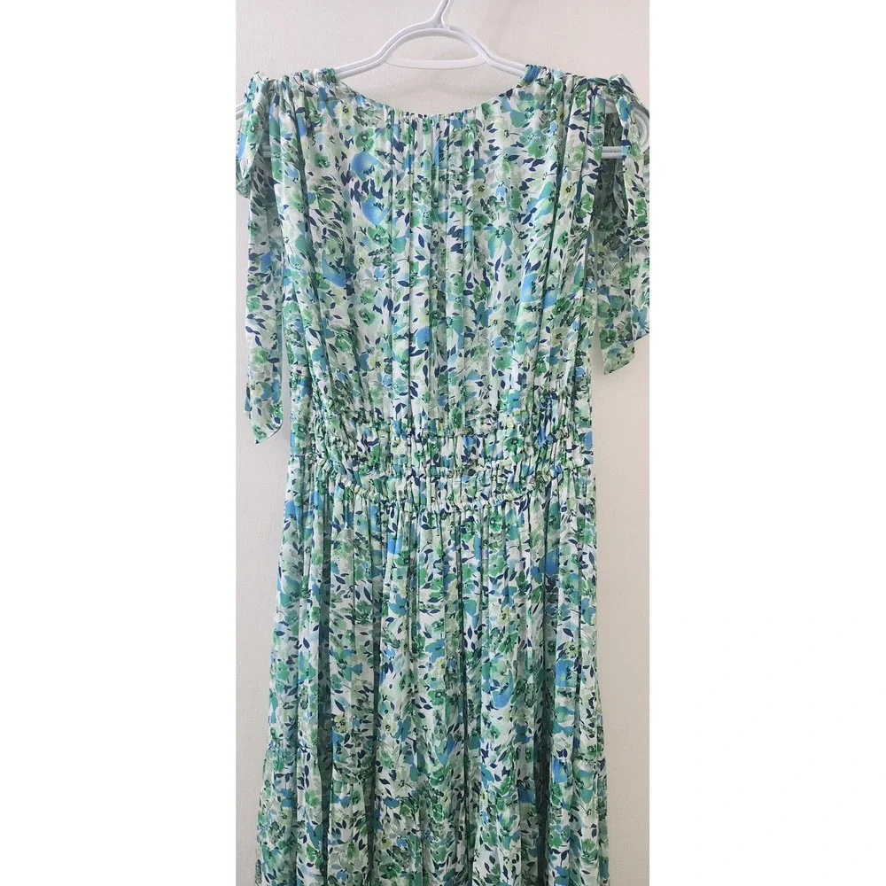 Shoshanna Green Blue Floral Tiered Maxi Dress V-Neck Tie Shoulder 5449164 4